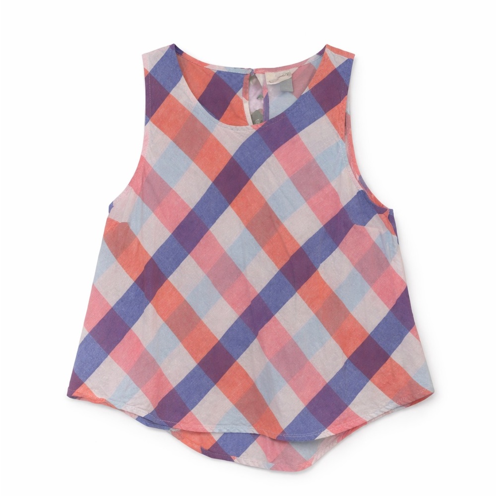 Universal Thread Plaid Swing Tank Top Linen Blend Pink Blue Keyhole Back Size L